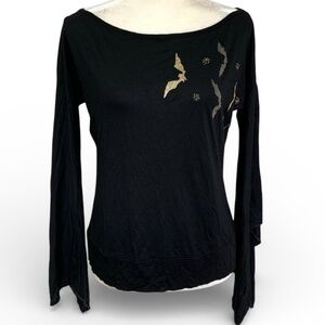NWT Spicysugar Black with Gold Bats Slit Bell Sleeve Top Blouse Size 12AU